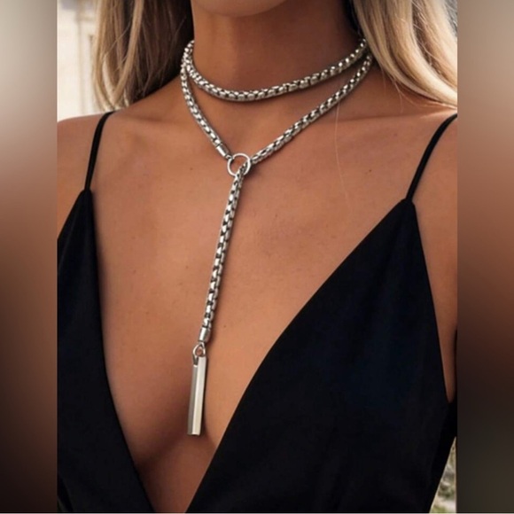 Silver Plated Stainless Steel Lariat Necklace Stainless Steel Long Drop Necklace - Picture 2 of 4